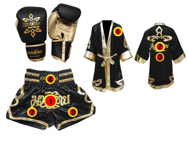 Muay Thai Bundle - Custom Muay Thai Boxing Robe + Muay Thai Shorts :  Set-141-Black