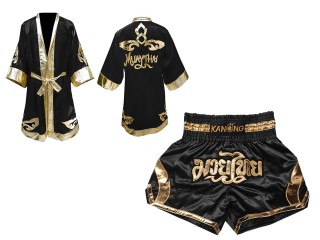 Muay Thai Bundle - Custom Muay Thai Boxing Robe + Muay Thai Shorts : Set-144-Black-Gold