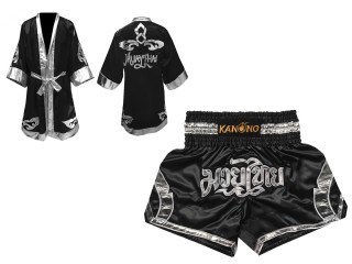 Muay Thai Bundle - Custom Muay Thai Boxing Robe + Muay Thai Shorts : Set-144-Black-Silver