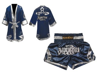 Muay Thai Bundle - Custom Muay Thai Boxing Robe + Muay Thai Shorts : Set-144-Navy