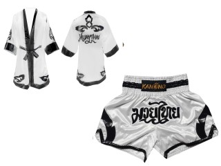 Muay Thai Bundle - Custom Muay Thai Boxing Robe + Muay Thai Shorts : Set-144-White