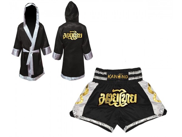 Muay Thai Bundle - Custom Muay Thai Boxing Robe + Muay Thai Shorts :  Set-140-White-Black