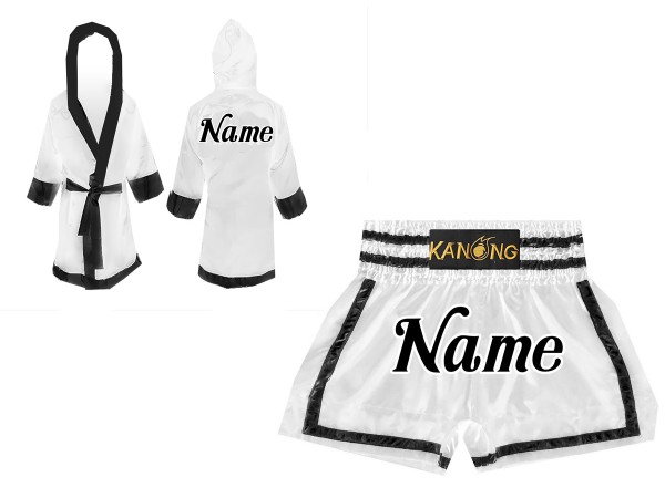 Muay Thai Bundle - Custom Muay Thai Boxing Robe + Muay Thai Shorts :  Set-140-White-Black