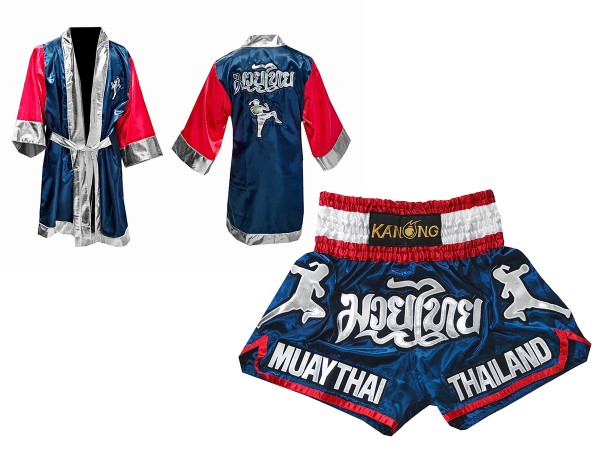 Muay Thai Bundle - Custom Muay Thai Boxing Robe + Muay Thai Shorts : Navy  Nak Muay